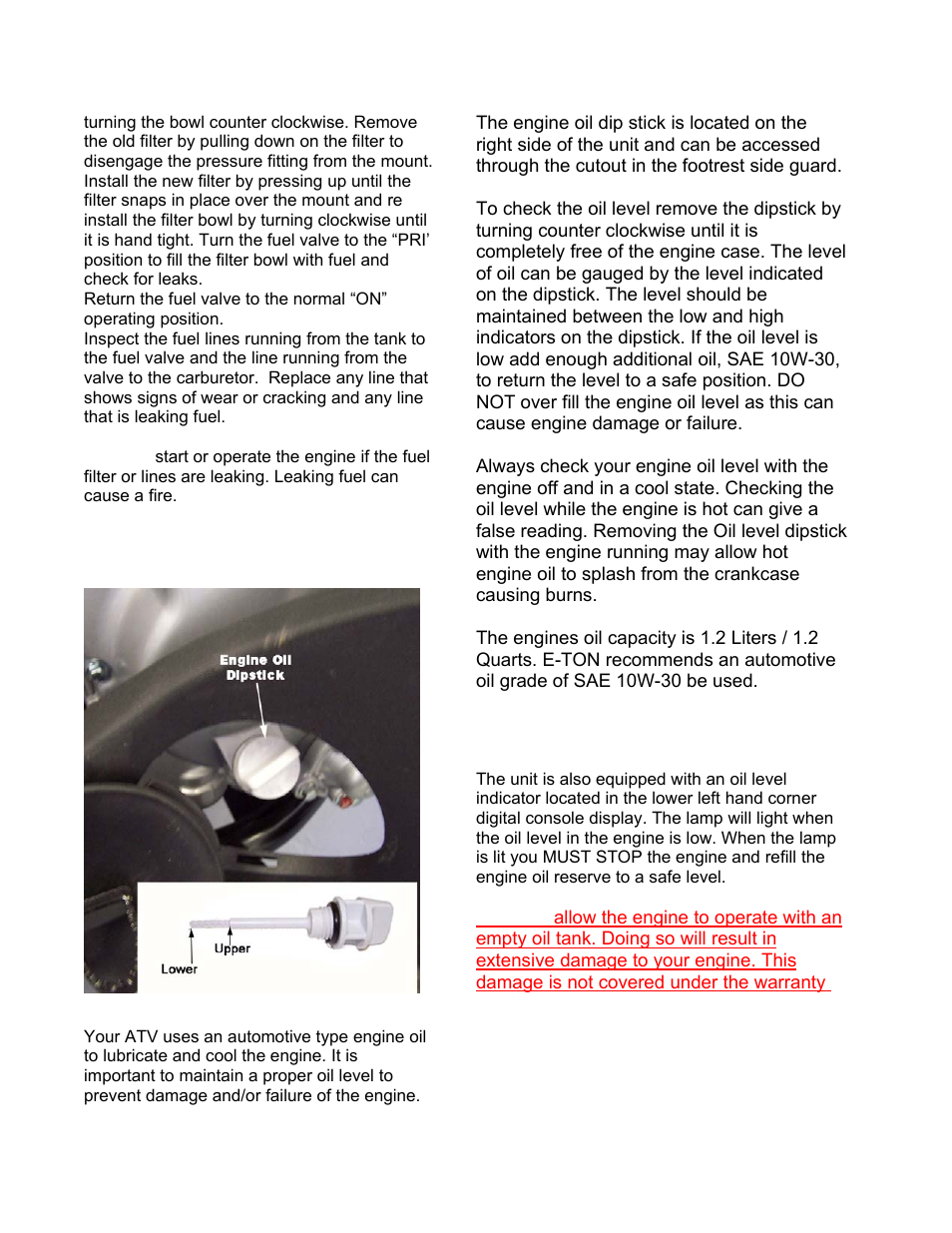 Engine oil, Oil level warning indicator | Eton VECTOR 250R User Manual | Page 13 / 32