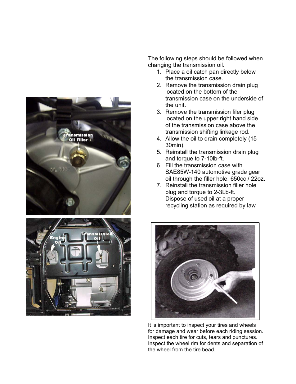 Transmission oil, Tires and wheel inspection | Eton VECTOR 250R User Manual | Page 16 / 32