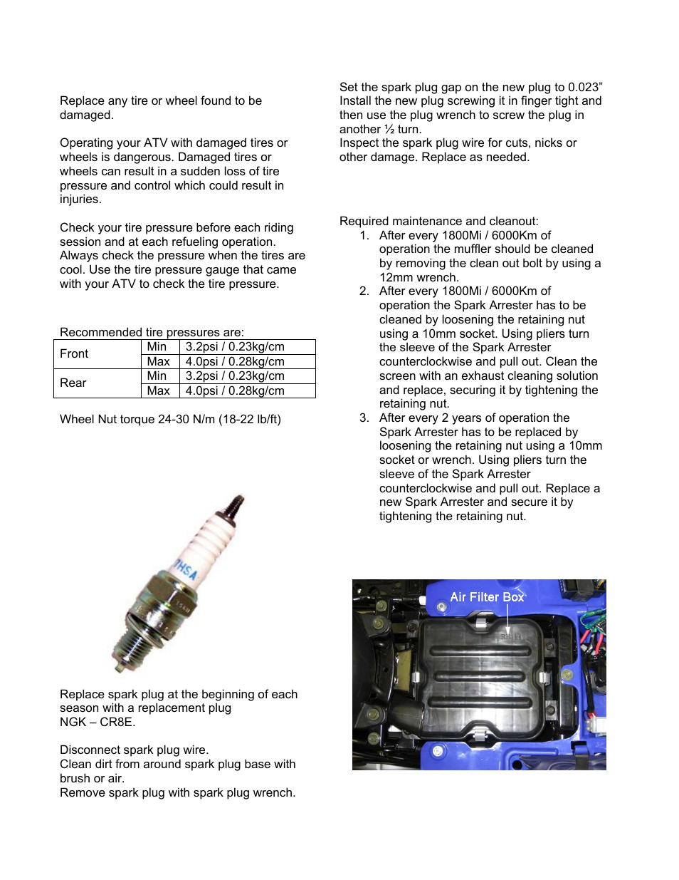 Tire pressure, Spark plug, Spark arrestor screen | Air filter | Eton VECTOR 250R User Manual | Page 17 / 32