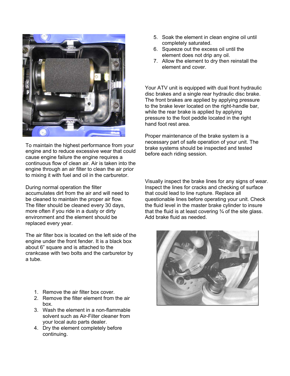 To clean the filter, Braking systems, Front brake system inspection | Eton VECTOR 250R User Manual | Page 18 / 32