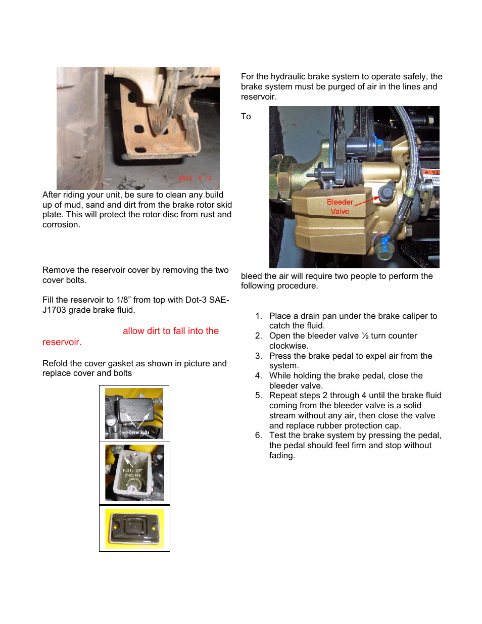 To fill the reservoir, Purging brake lines | Eton VECTOR 250R User Manual | Page 20 / 32