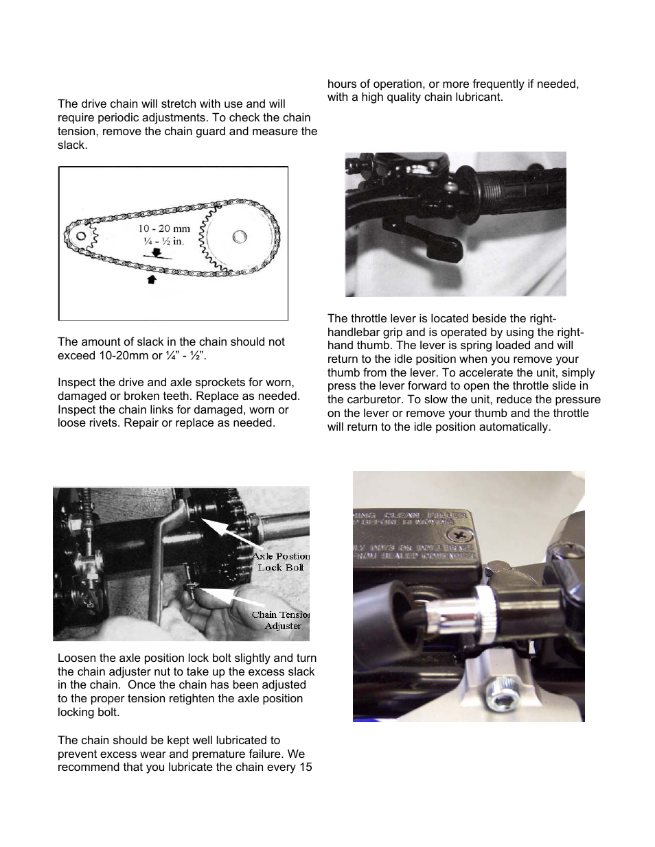 Drive chain, Chain slack adjustment, Throttle lever | Adjusting the throttle cable | Eton VECTOR 250R User Manual | Page 21 / 32