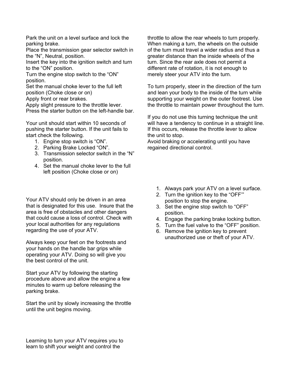 Driving your atv, Turning your atv, Parking your atv | Eton VECTOR 250R User Manual | Page 24 / 32