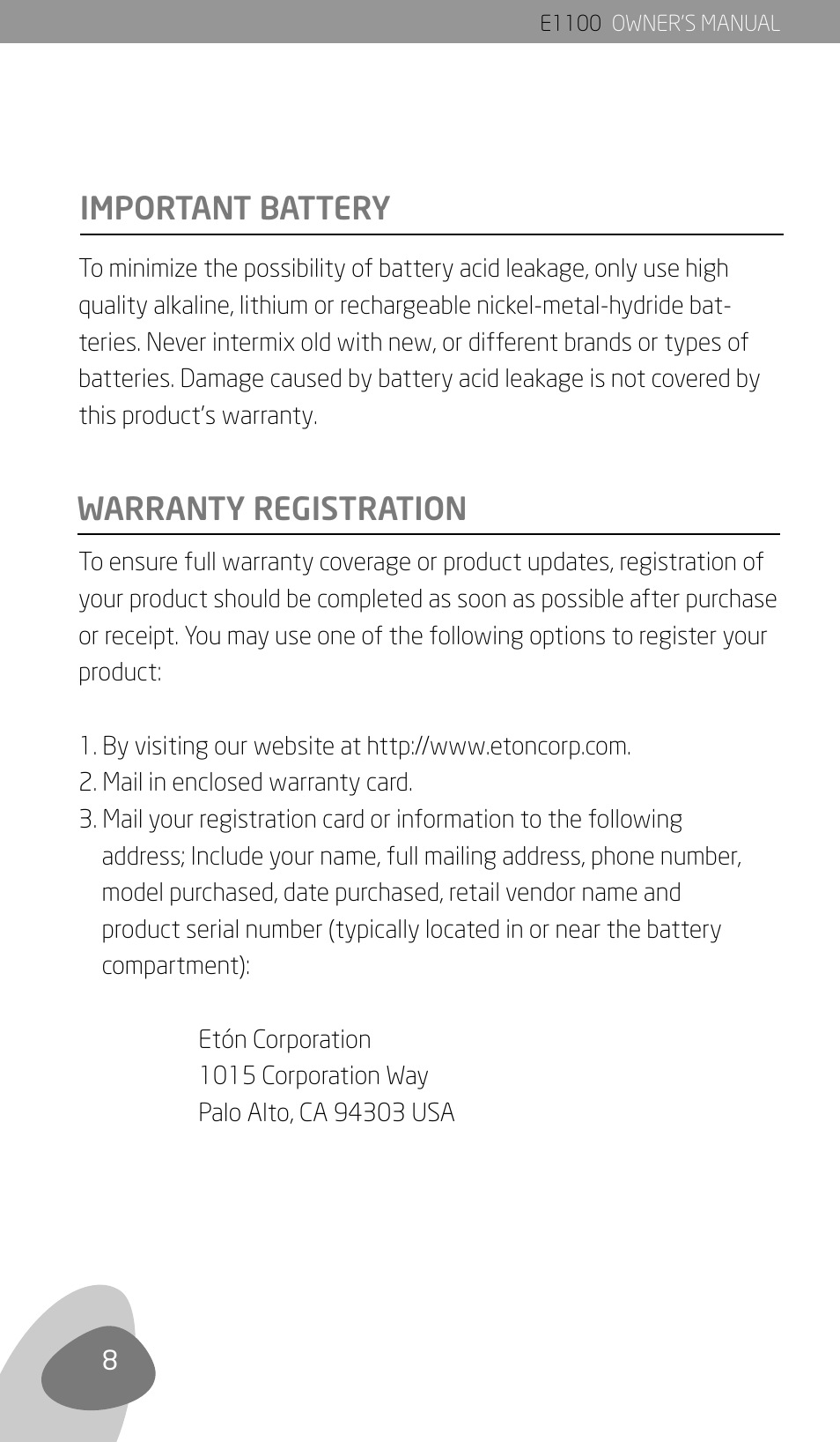 Important battery, Warranty registration | Eton E1100 User Manual | Page 10 / 13