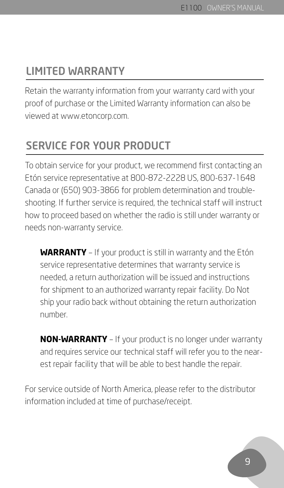 Limited warranty, Service for your product | Eton E1100 User Manual | Page 11 / 13