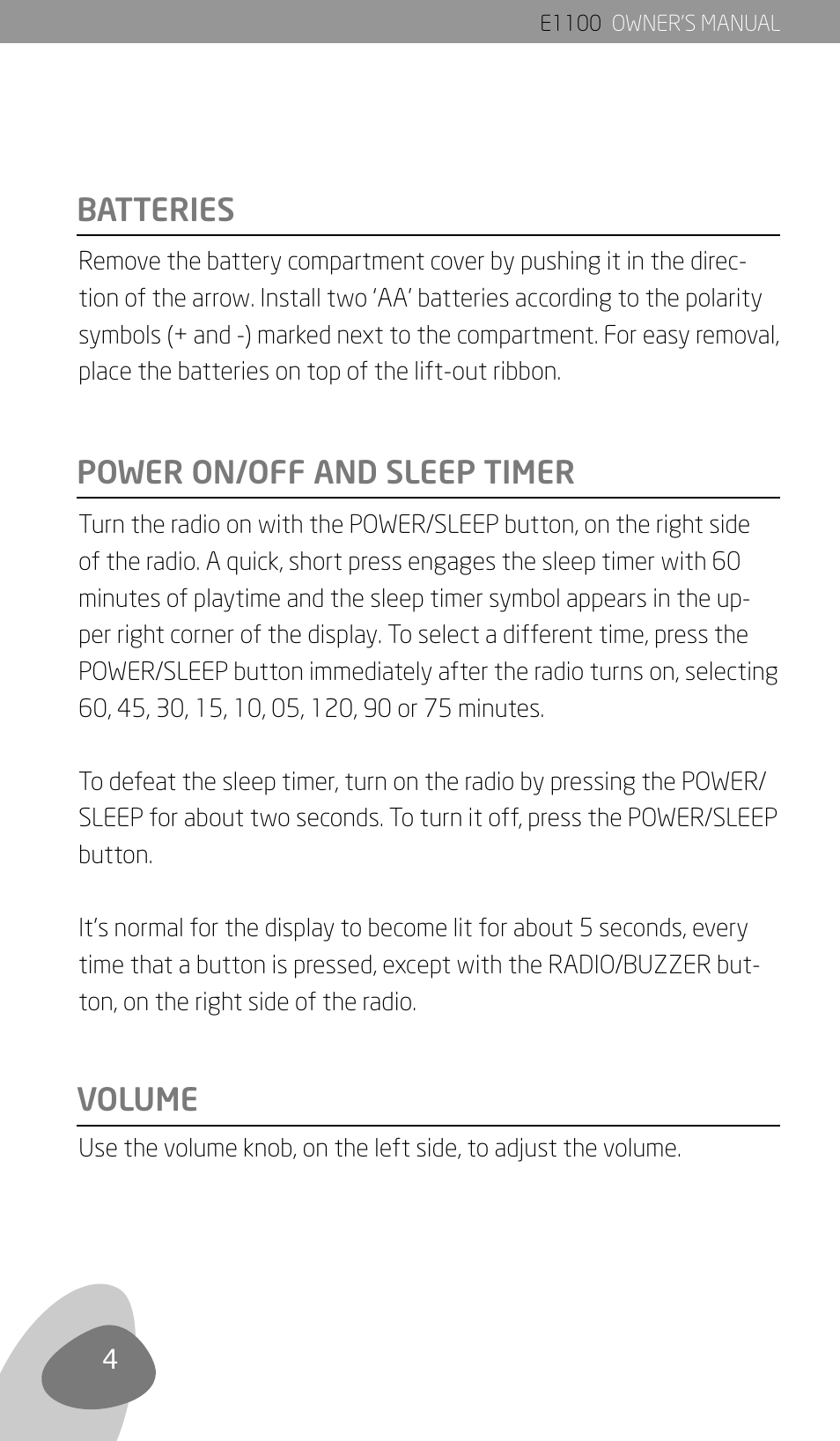 Batteries, Power on/off and sleep timer volume | Eton E1100 User Manual | Page 6 / 13