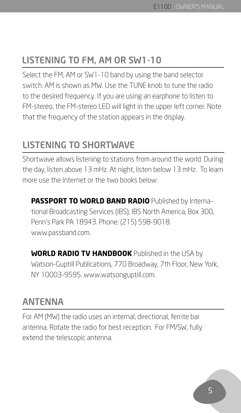 Listening to fm, am or sw1-10, Listening to shortwave antenna | Eton E1100 User Manual | Page 7 / 13