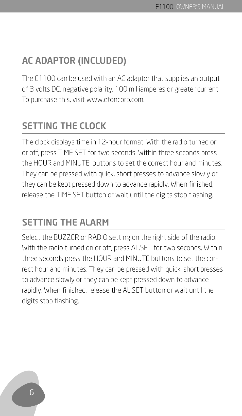 Ac adaptor (included), Setting the clock setting the alarm | Eton E1100 User Manual | Page 8 / 13