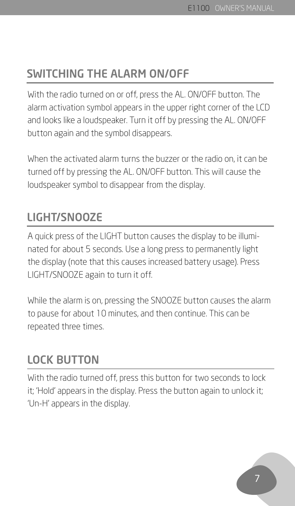 Switching the alarm on/off, Light/snooze lock button | Eton E1100 User Manual | Page 9 / 13