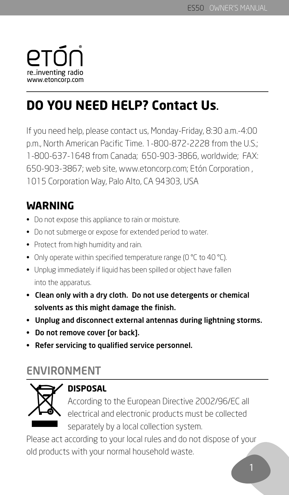 Do you need help? contact us, Environment, Warning | Eton ES50 User Manual | Page 3 / 11