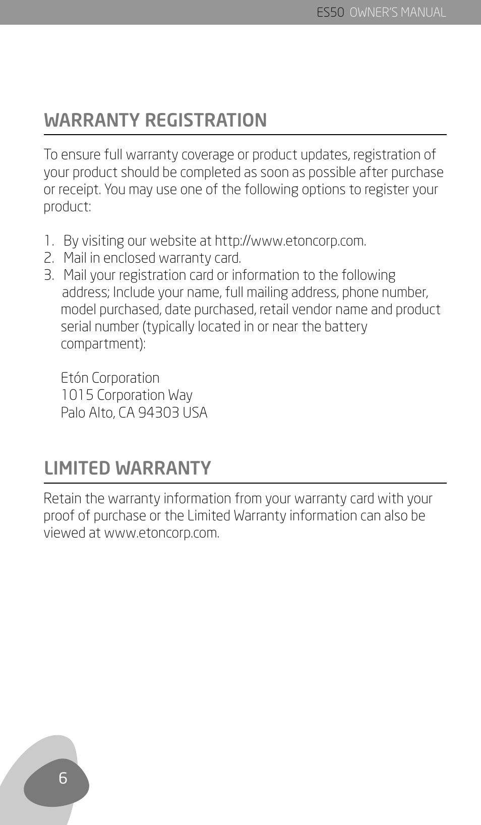 Warranty registration, Limited warranty | Eton ES50 User Manual | Page 8 / 11