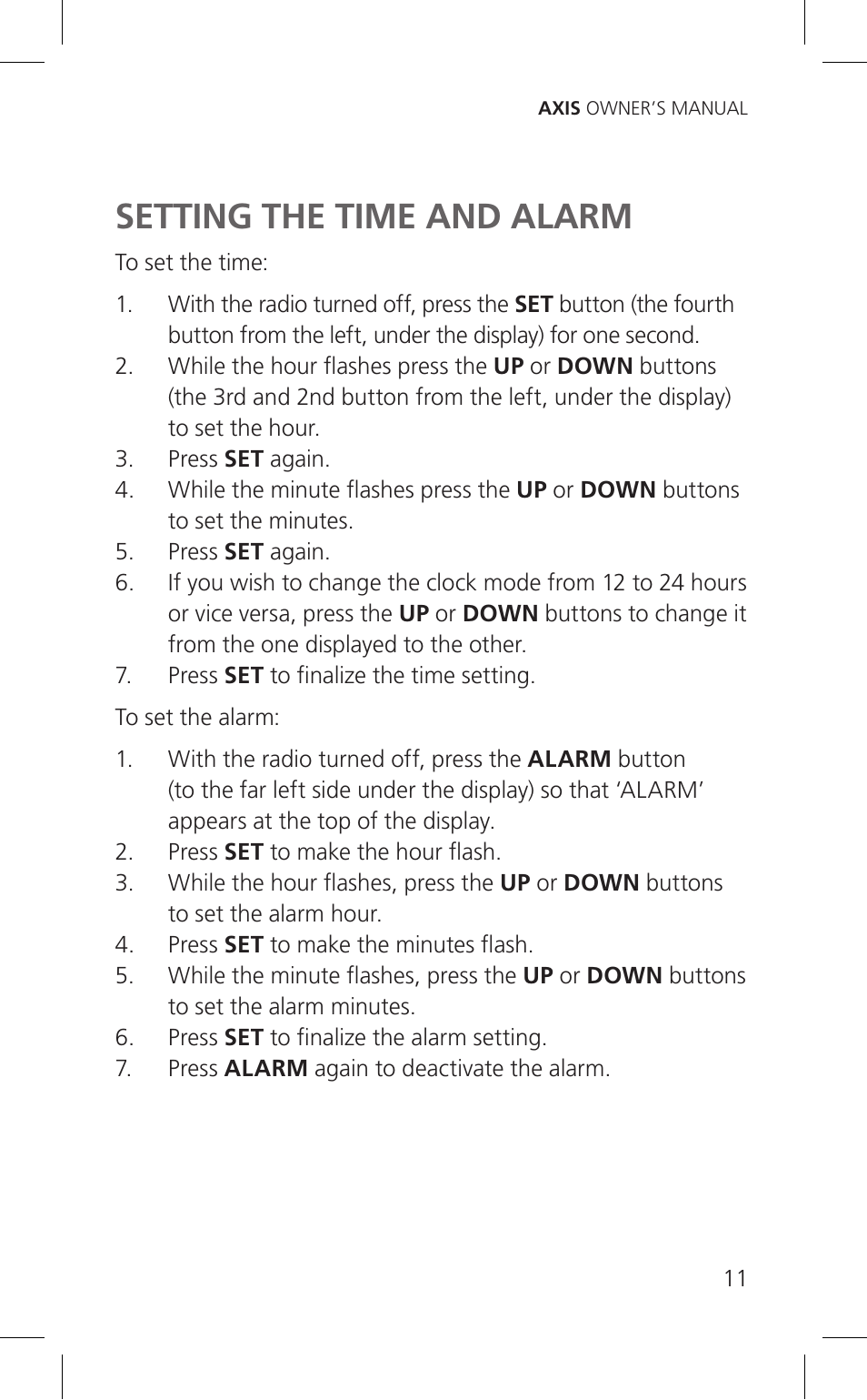 Setting the time and alarm | Eton Cell Phone Accessories User Manual | Page 11 / 48