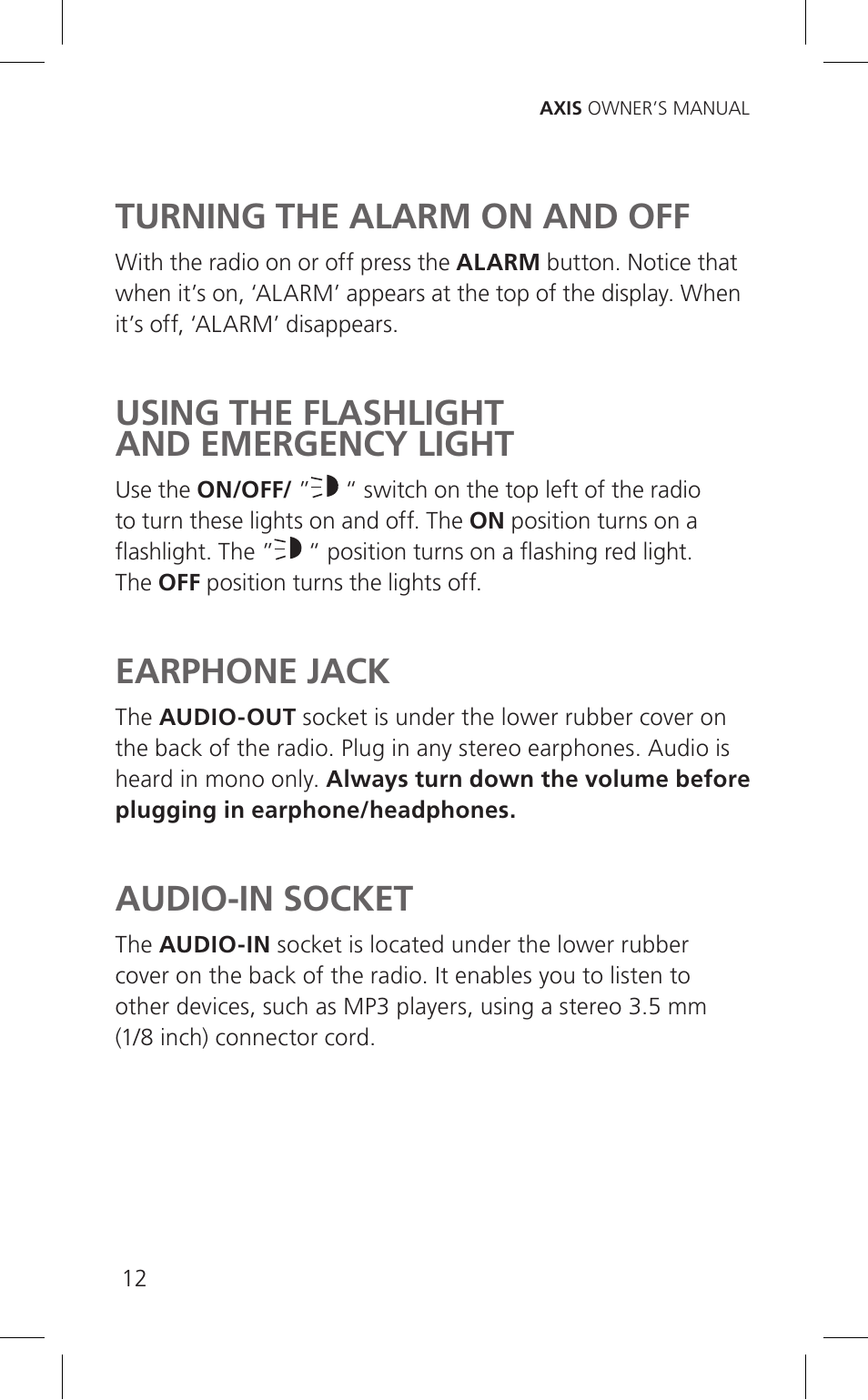 Turning the alarm on and off, Using the flashlight and emergency light, Earphone jack | Audio-in socket | Eton Cell Phone Accessories User Manual | Page 12 / 48