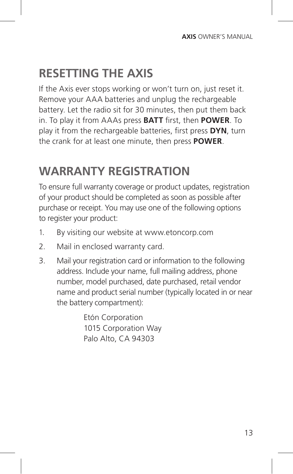 Resetting the axis, Warranty registration | Eton Cell Phone Accessories User Manual | Page 13 / 48