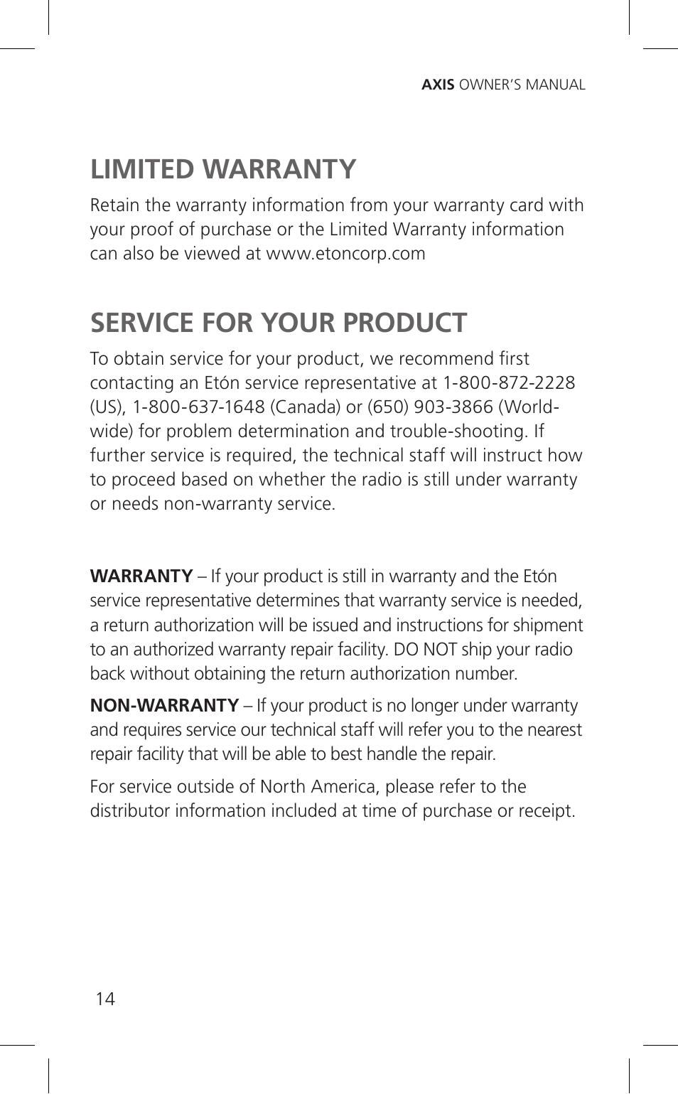 Limited warranty, Service for your product | Eton Cell Phone Accessories User Manual | Page 14 / 48