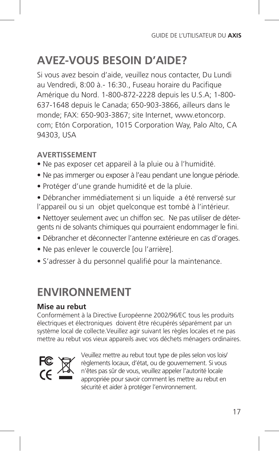 Avez-vous besoin d’aide, Environnement | Eton Cell Phone Accessories User Manual | Page 17 / 48