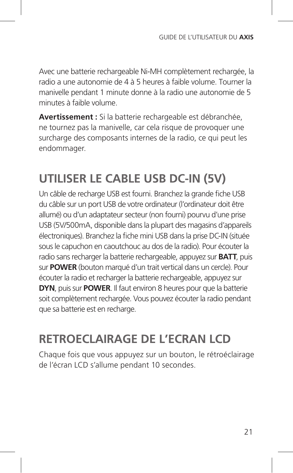 Utiliser le cable usb dc-in (5v), Retroeclairage de l’ecran lcd | Eton Cell Phone Accessories User Manual | Page 21 / 48