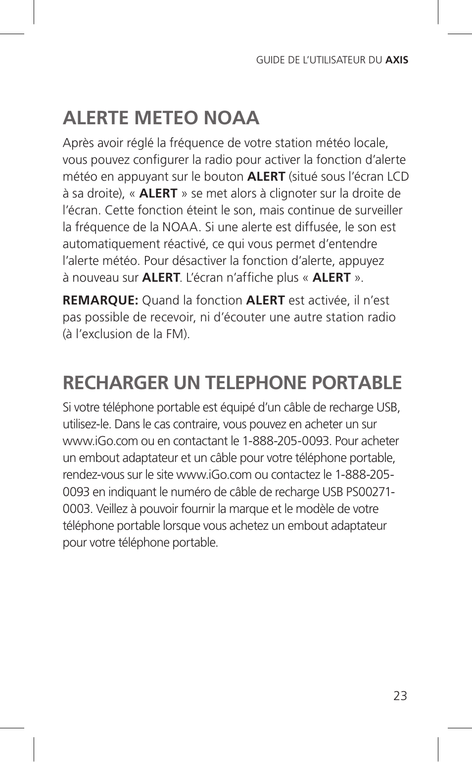 Alerte meteo noaa, Recharger un telephone portable | Eton Cell Phone Accessories User Manual | Page 23 / 48