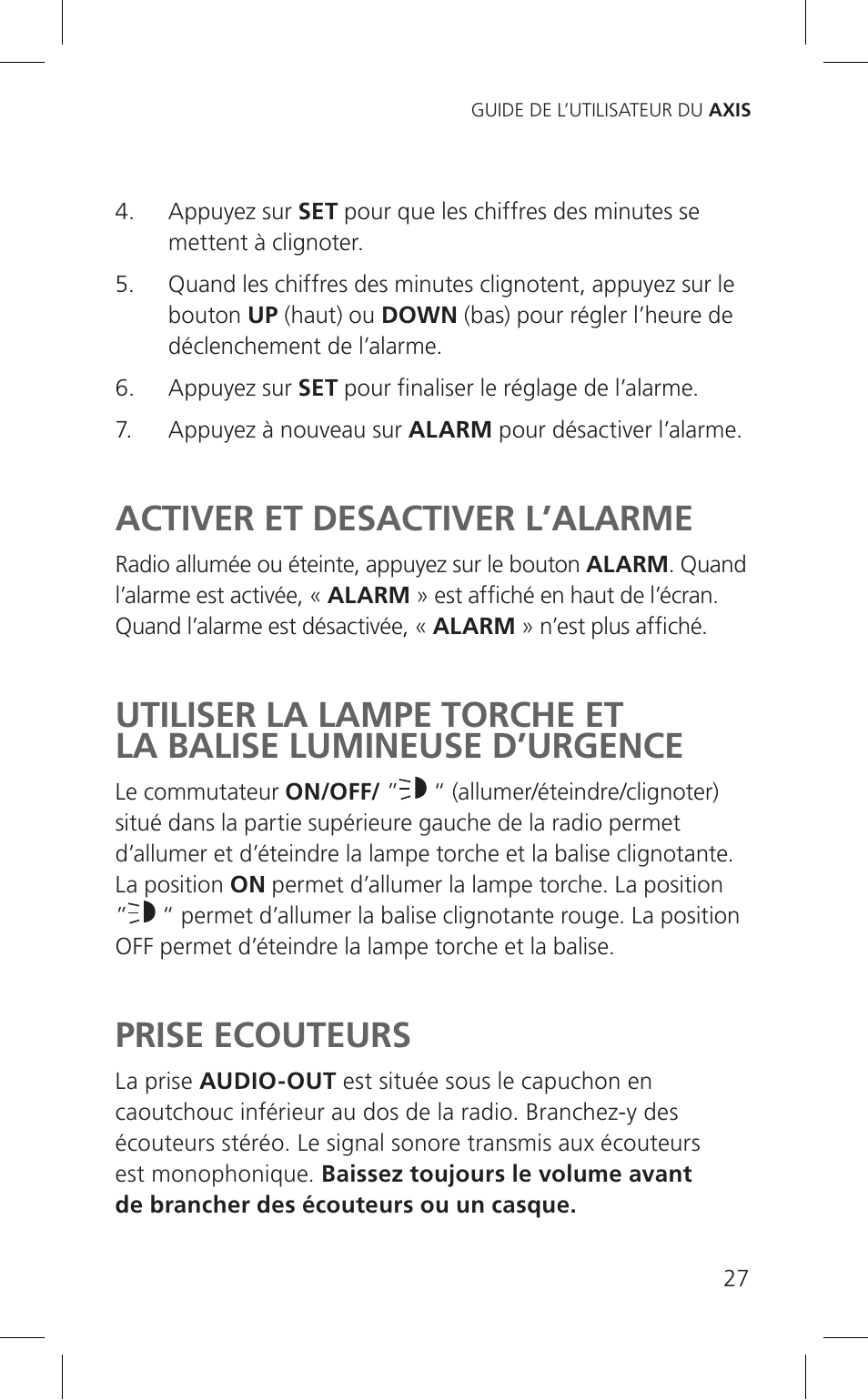 Activer et desactiver l’alarme, Prise ecouteurs | Eton Cell Phone Accessories User Manual | Page 27 / 48