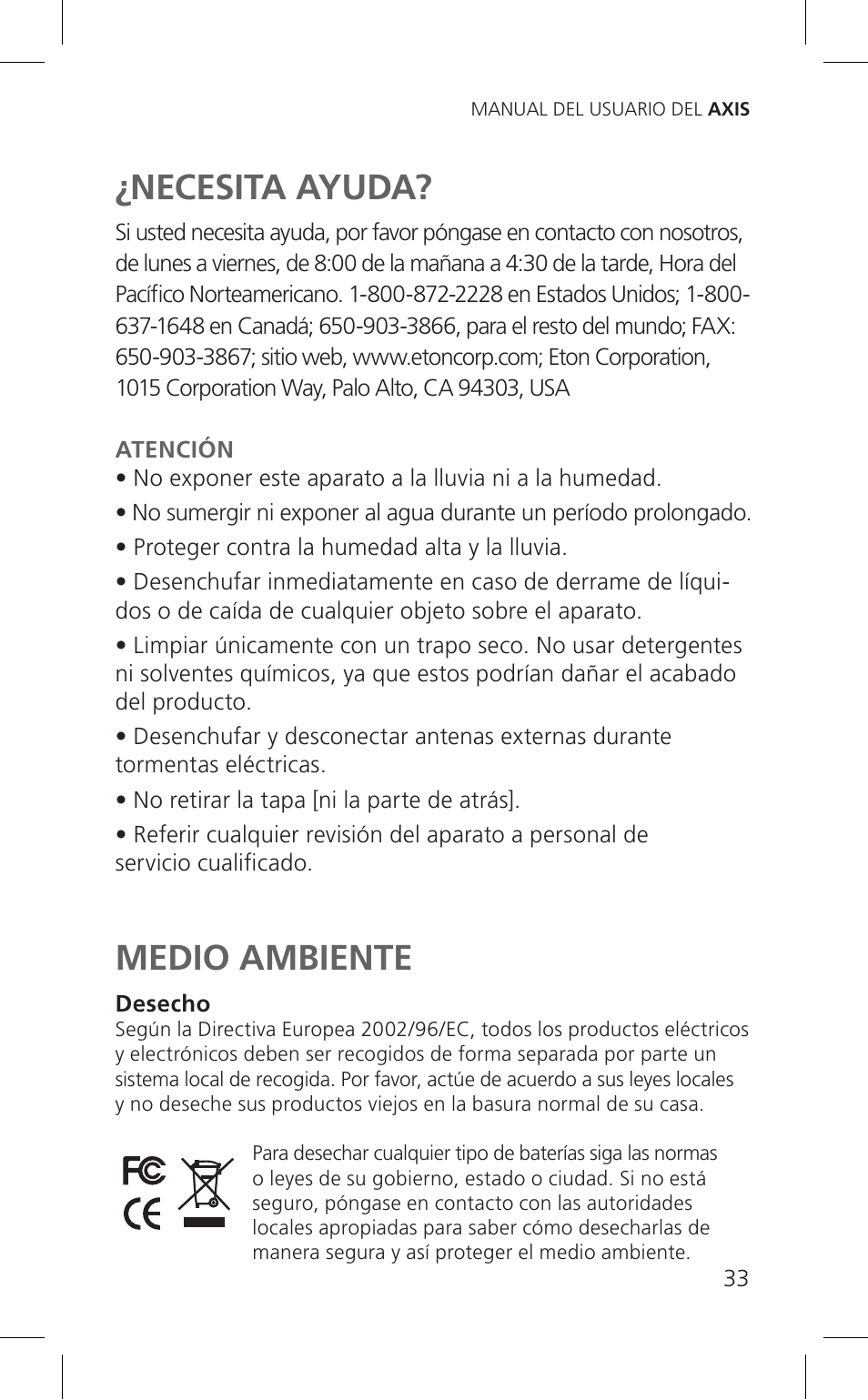 Necesita ayuda, Medio ambiente | Eton Cell Phone Accessories User Manual | Page 33 / 48