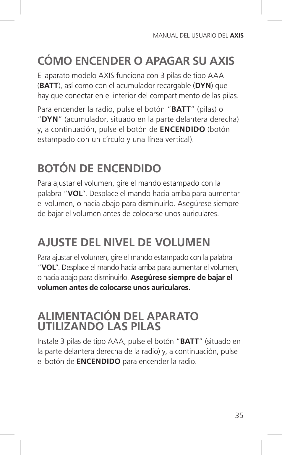 Botón de encendido, Ajuste del nivel de volumen, Alimentación del aparato utilizando las pilas | Eton Cell Phone Accessories User Manual | Page 35 / 48