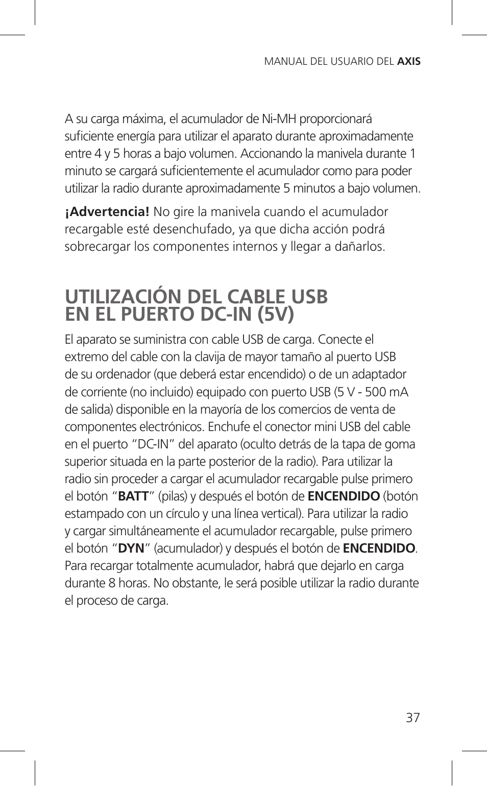 Utilización del cable usb en el puerto dc-in (5v) | Eton Cell Phone Accessories User Manual | Page 37 / 48