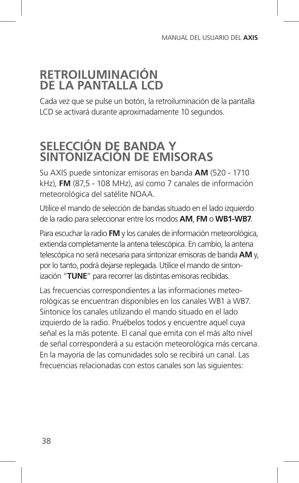 Retroiluminación de la pantalla lcd, Selección de banda y sintonización de emisoras | Eton Cell Phone Accessories User Manual | Page 38 / 48