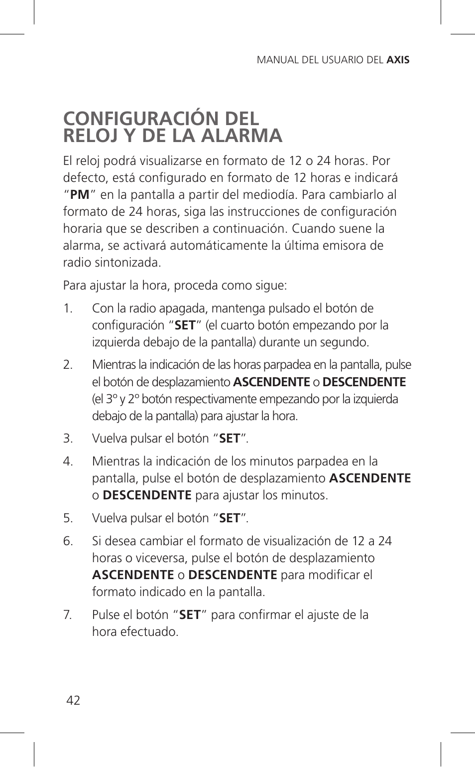 Configuración del reloj y de la alarma | Eton Cell Phone Accessories User Manual | Page 42 / 48