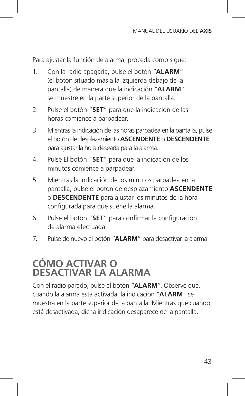 Cómo activar o desactivar la alarma | Eton Cell Phone Accessories User Manual | Page 43 / 48