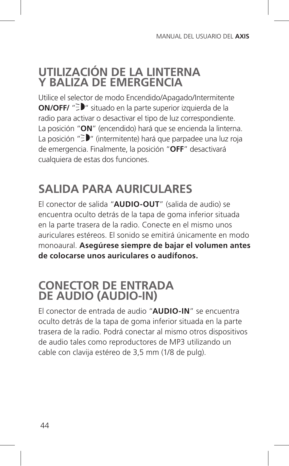 Utilización de la linterna y baliza de emergencia, Salida para auriculares, Conector de entrada de audio (audio-in) | Eton Cell Phone Accessories User Manual | Page 44 / 48