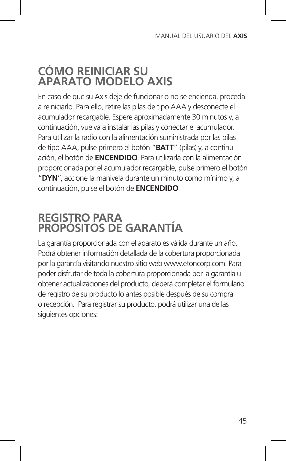 Cómo reiniciar su aparato modelo axis, Registro para propósitos de garantía | Eton Cell Phone Accessories User Manual | Page 45 / 48