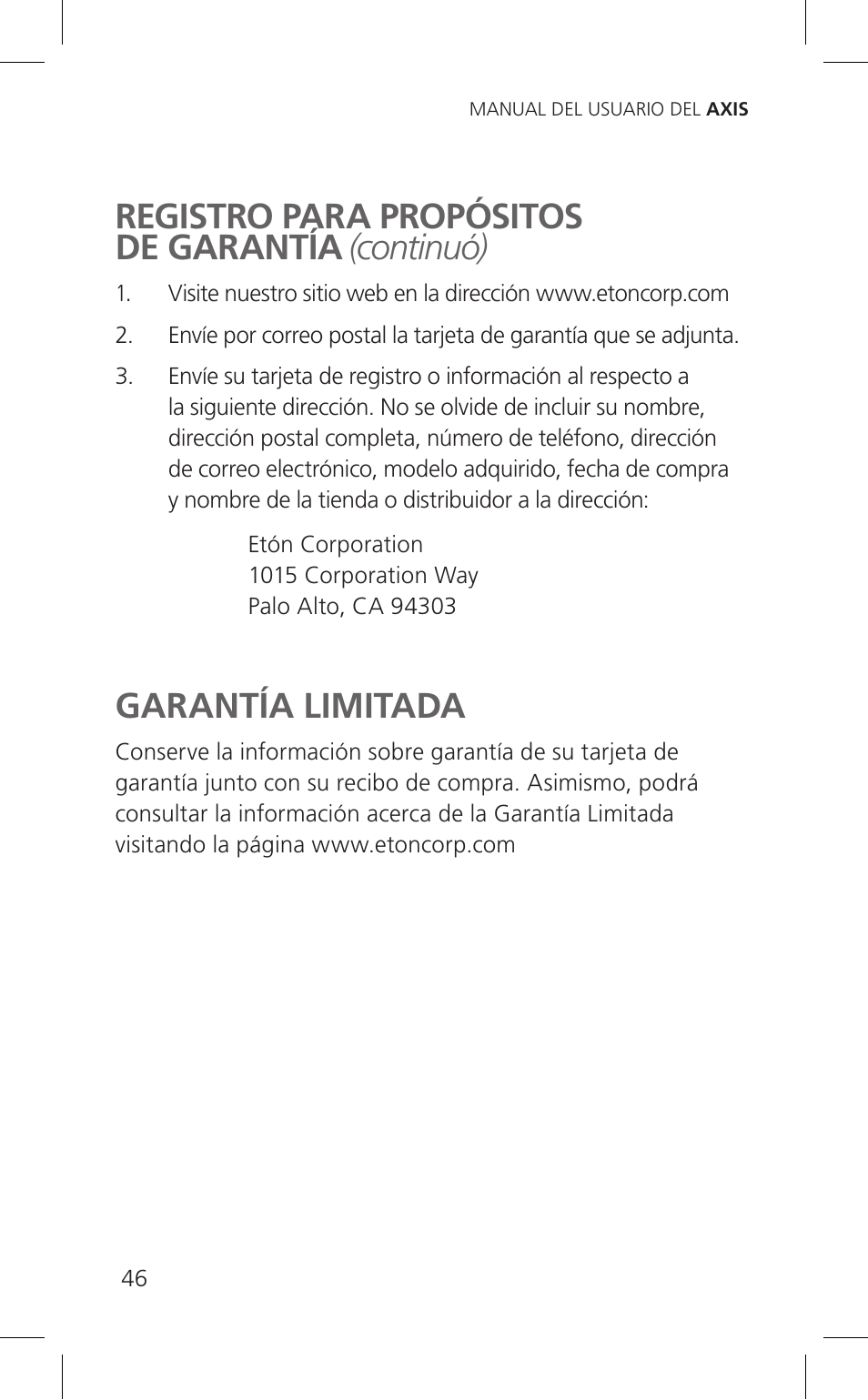 Registro para propósitos de garantía, Continuó), Garantía limitada | Eton Cell Phone Accessories User Manual | Page 46 / 48