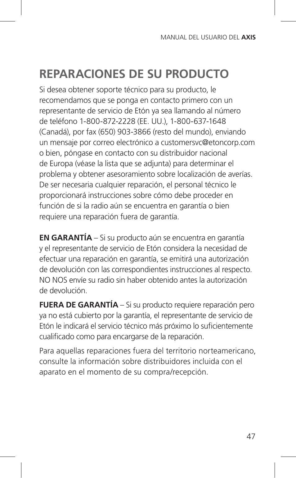 Reparaciones de su producto | Eton Cell Phone Accessories User Manual | Page 47 / 48