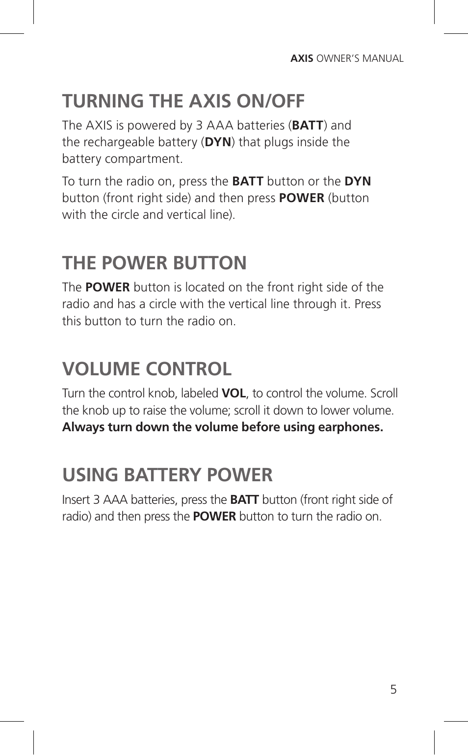 Turning the axis on/off, The power button, Volume control | Using battery power, Function keys | Eton Cell Phone Accessories User Manual | Page 5 / 48