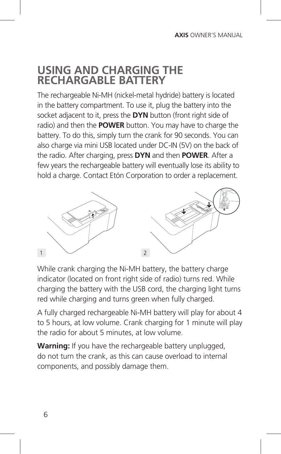 Using and charging the rechargable battery | Eton Cell Phone Accessories User Manual | Page 6 / 48