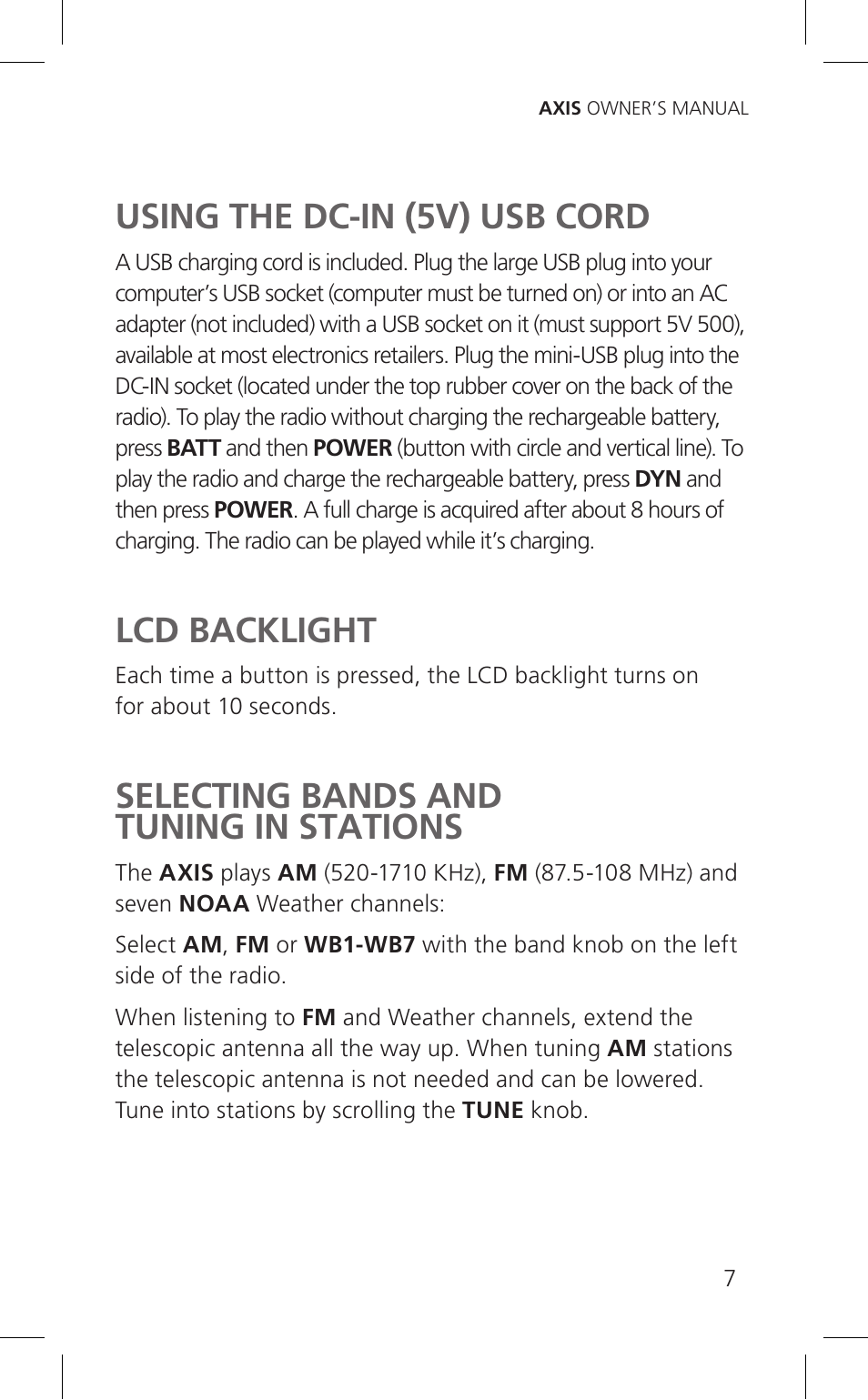 Using the dc-in (5v) usb cord, Lcd backlight, Selecting bands and tuning in stations | Eton Cell Phone Accessories User Manual | Page 7 / 48