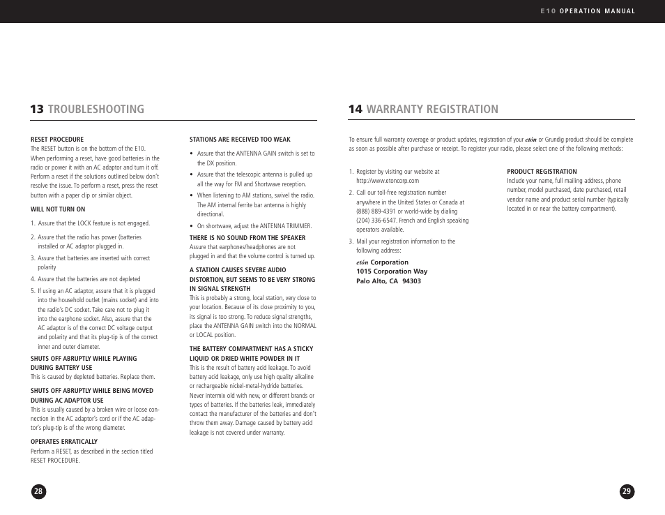 14 warranty registration, 13 troubleshooting | Eton E10 User Manual | Page 15 / 17