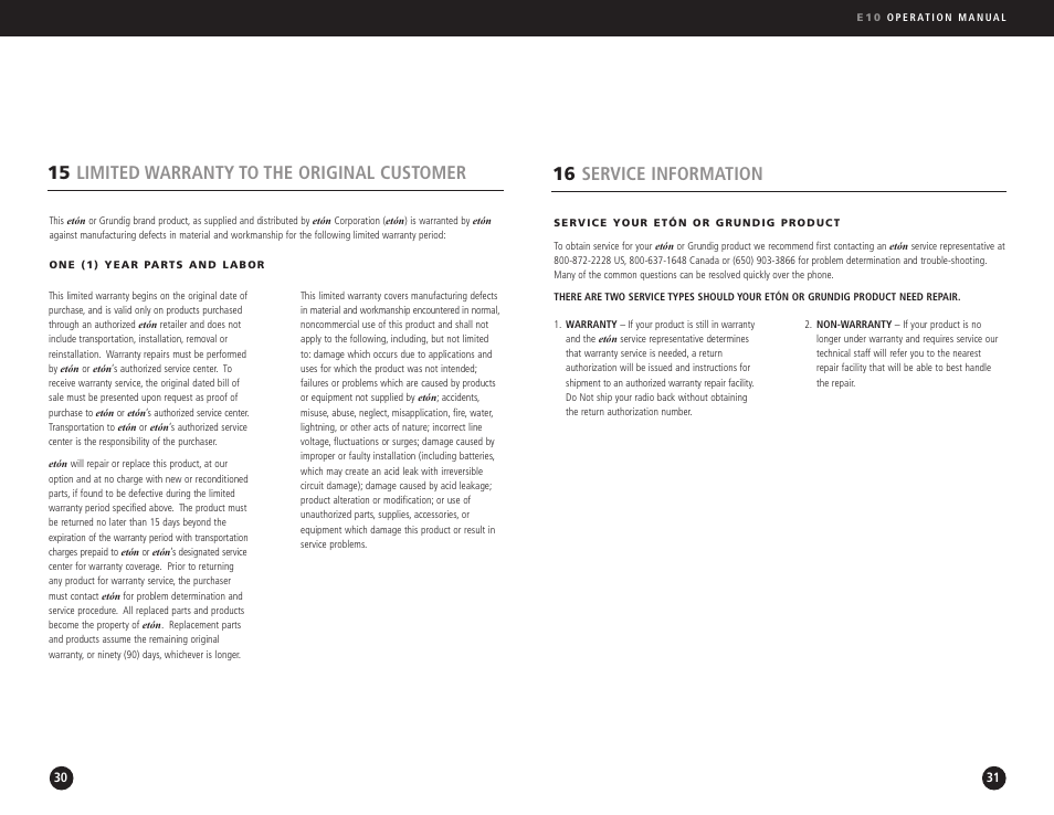 16 service information, 15 limited warranty to the original customer | Eton E10 User Manual | Page 16 / 17