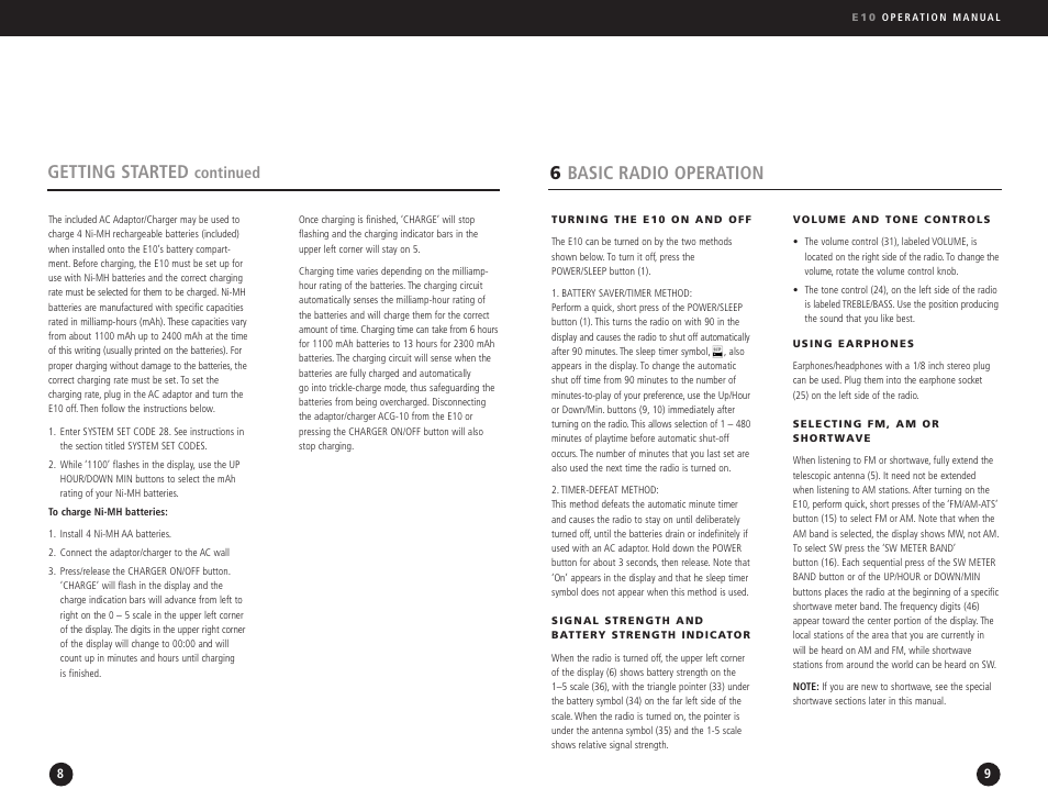 6basic radio operation, Getting started, Continued | Eton E10 User Manual | Page 5 / 17