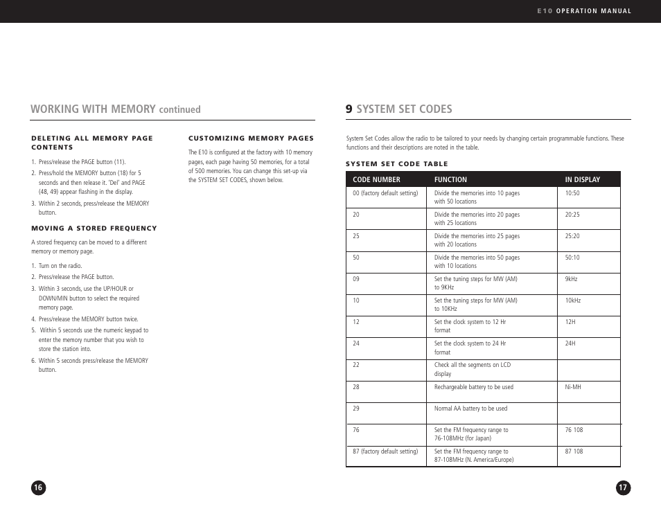 9system set codes, Continued | Eton E10 User Manual | Page 9 / 17