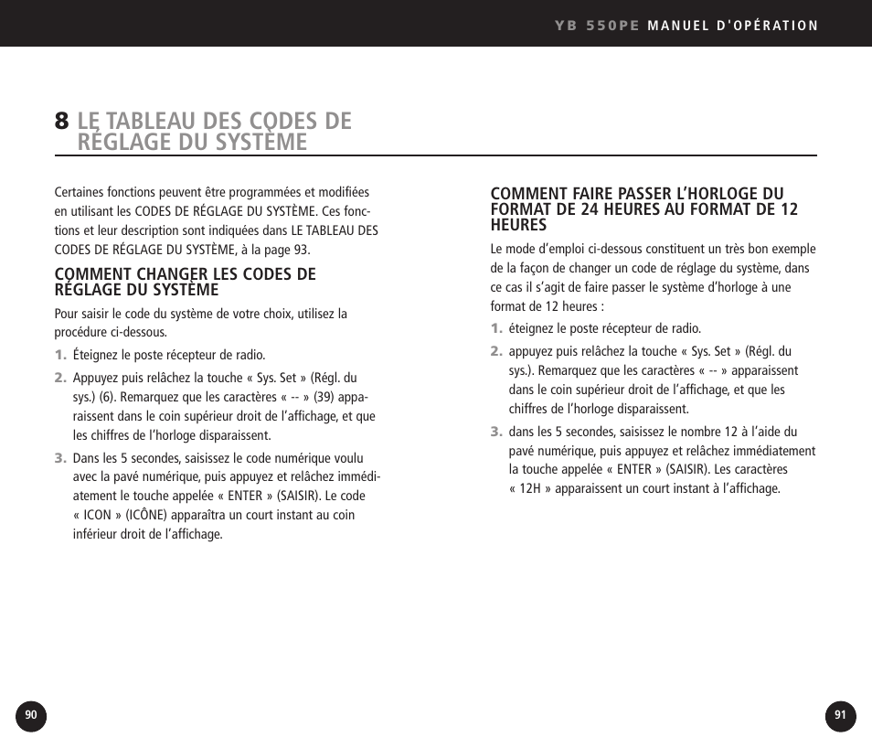 8le tableau des codes de réglage du système | Eton YB550 User Manual | Page 46 / 81