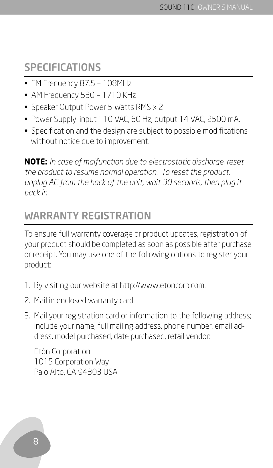 Warranty registration, Specifications | Eton SOUND 110 User Manual | Page 10 / 60