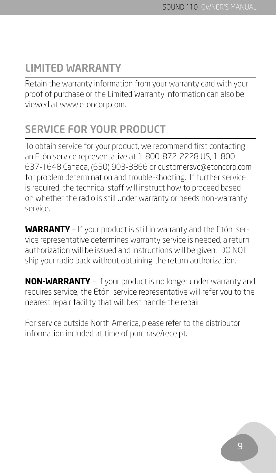 Limited warranty service for your product | Eton SOUND 110 User Manual | Page 11 / 60