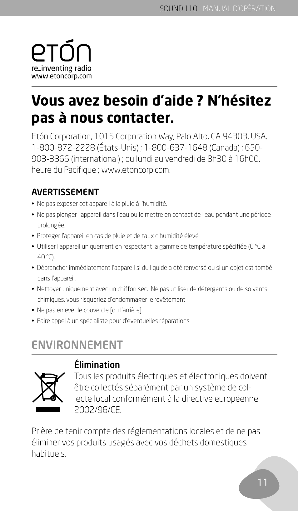 Environnement | Eton SOUND 110 User Manual | Page 13 / 60