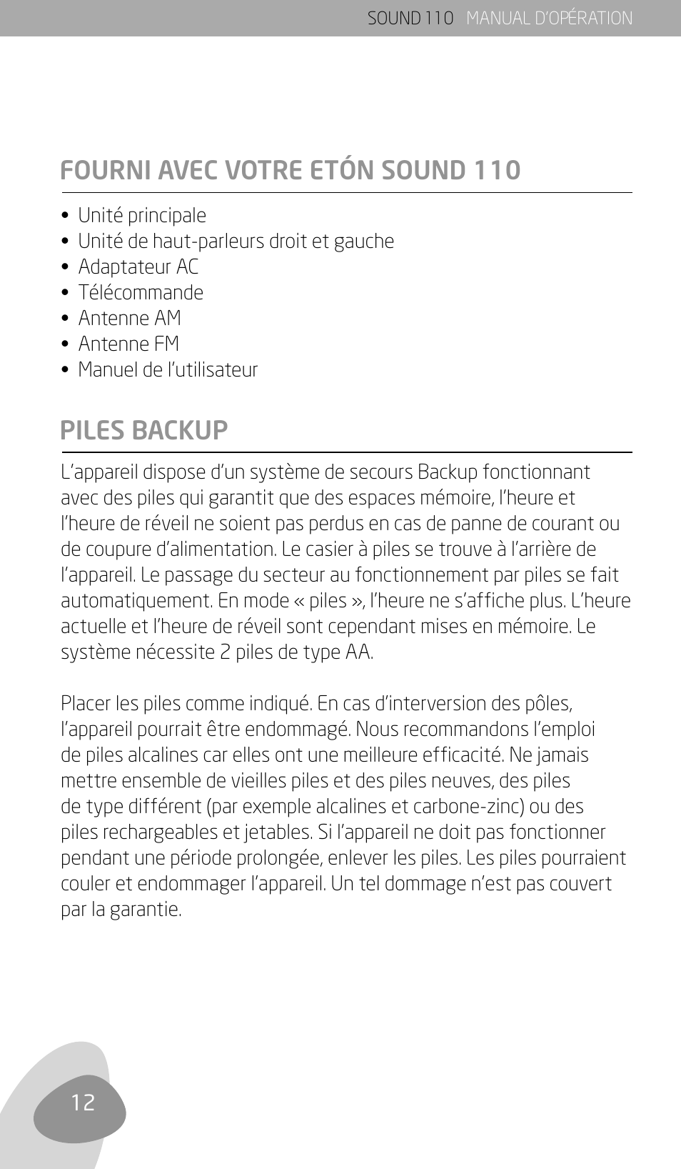 Fourni avec votre etón sound 110, Piles backup | Eton SOUND 110 User Manual | Page 14 / 60