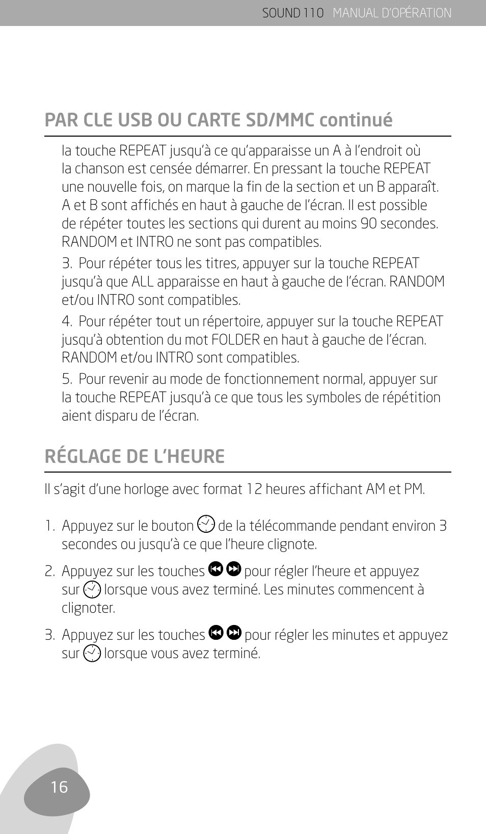 Par cle usb ou carte sd/mmc continué, Réglage de l’heure | Eton SOUND 110 User Manual | Page 18 / 60