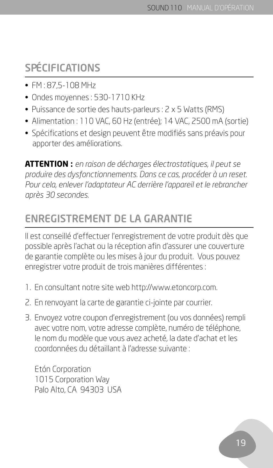 Enregistrement de la garantie, Spécifications | Eton SOUND 110 User Manual | Page 21 / 60