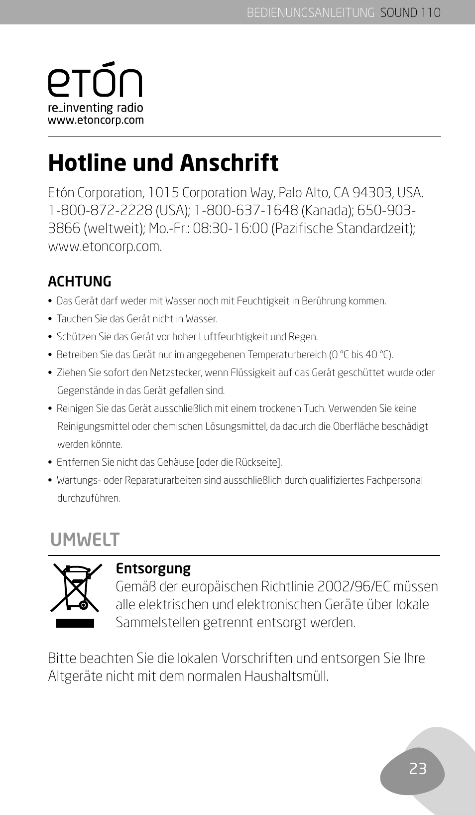 Hotline und anschrift, Umwelt | Eton SOUND 110 User Manual | Page 25 / 60