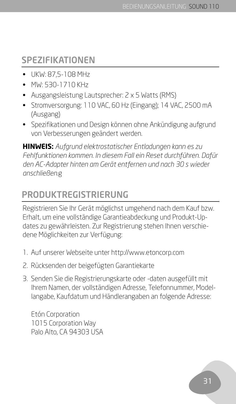 Spezifikationen produktregistrierung | Eton SOUND 110 User Manual | Page 33 / 60