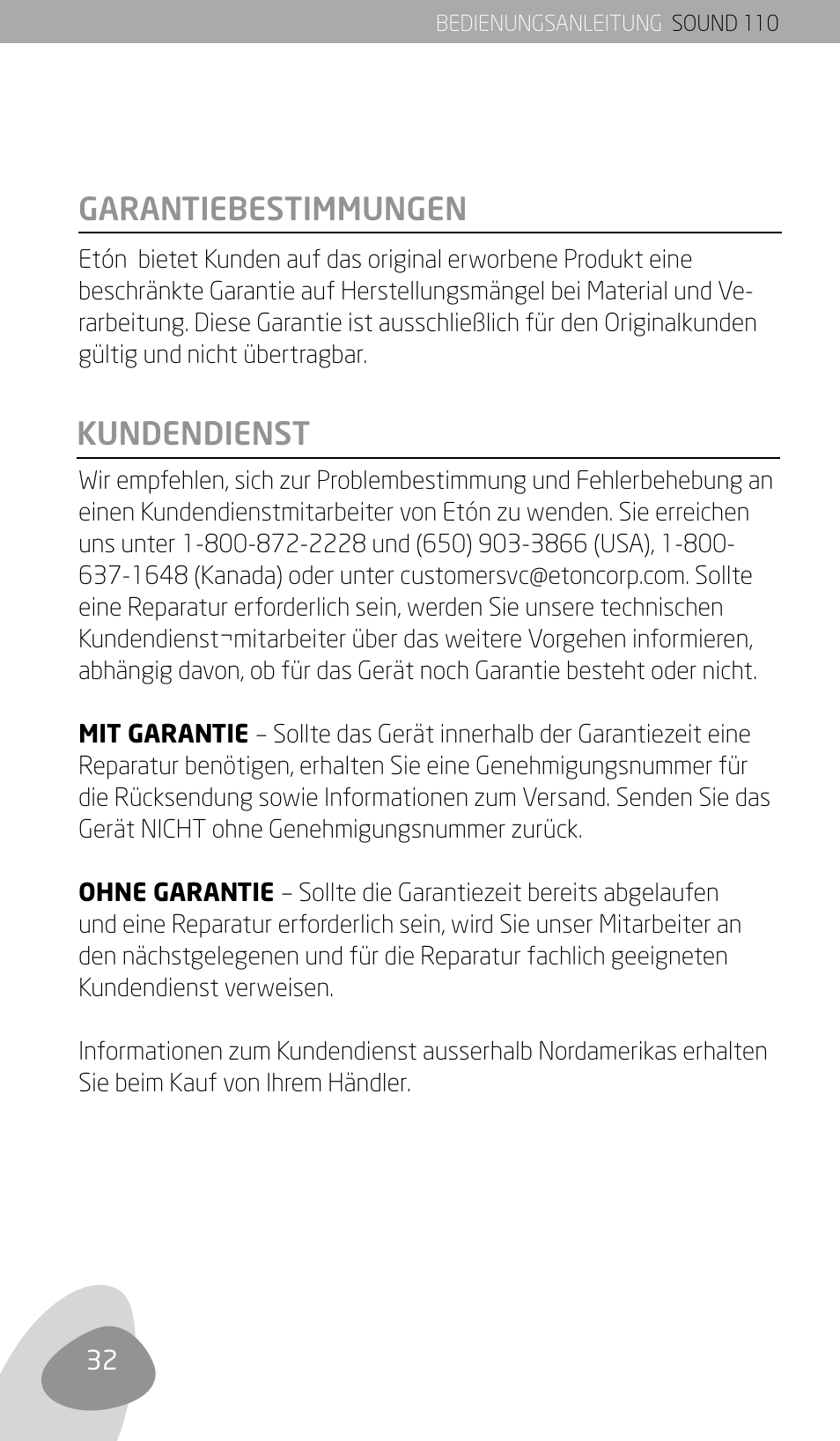 Kundendienst garantiebestimmungen | Eton SOUND 110 User Manual | Page 34 / 60